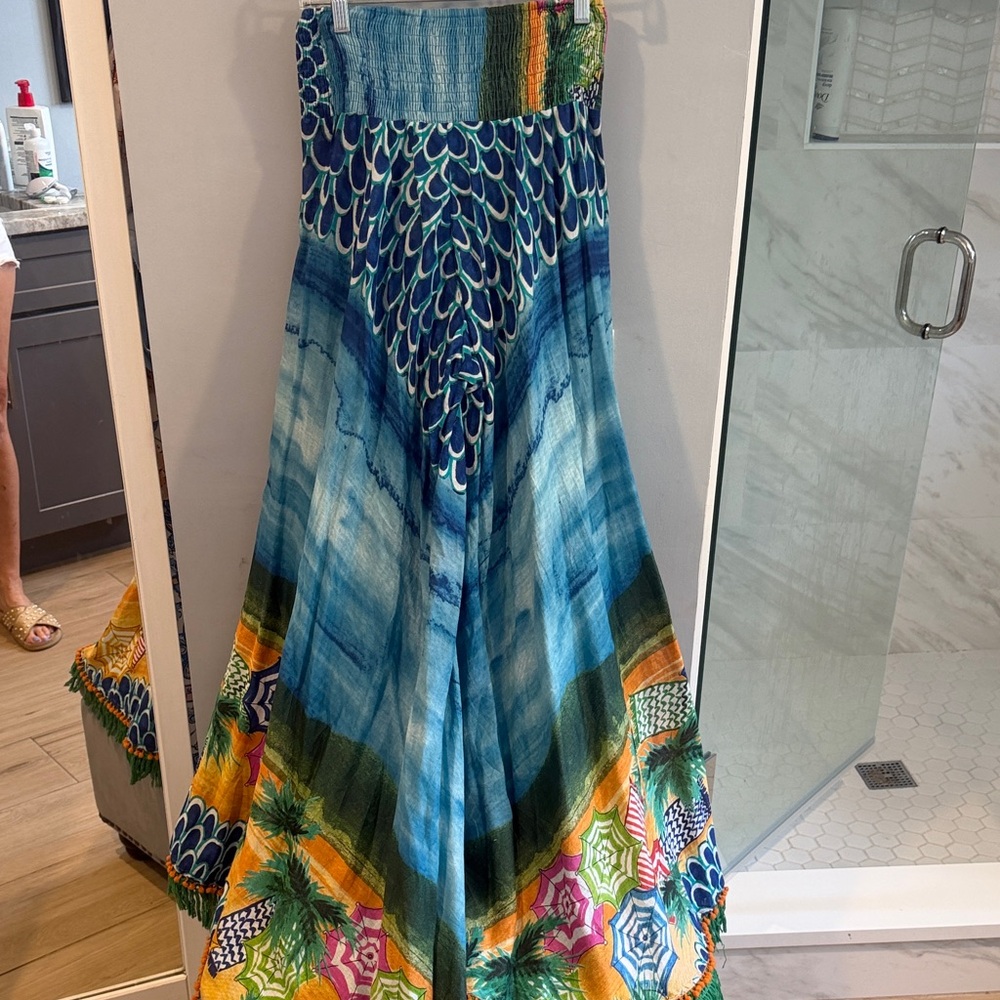Blue Tropical Print very wide Pant with Colorful Border